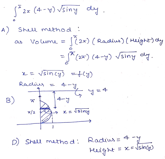 2 (4-siny dy A Sheu method 22x) (Radiu) ( Heignt)y Vo ume F () (4-)siny c Vsiny CG) 4 Raciu 4 B) 4 3 /2 2ニ Radius= 4- =siny)