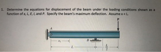 1. Determine the equations for displacement of the beam under the loading conditions shown as a function of x, L, E, I, and P