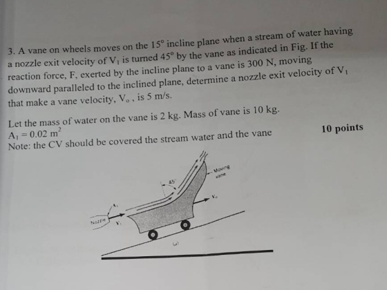 3. A vane on wheels moves on the 15° incline plane when a stream of water having a nozzle exit velocity of V, is turned 45° b