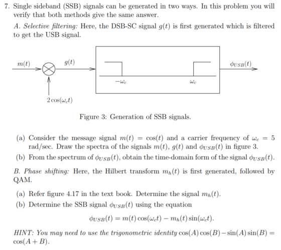 7. Single sideband (SSB) signals can be generated in two ways. In this problem you will verify that both methods give the sam