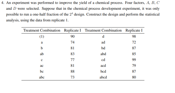 4. An experiment was performed to improve the yield of a chemical process. Four factors, A, B, C and D were selected. Suppose