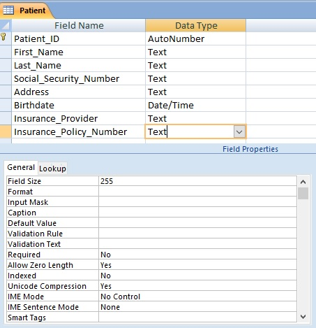 Patient Field Name Data Type AutoNumber Patient_ID First_Name Тext Last_Name Text |Social_Security_Number Text Address Text D
