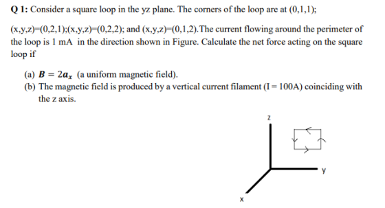Q1: Consider a square loop in the yz plane. The corners of the loop are at (0.1.1) (x,y,z (0,2,1);(x.y,z)-(0,2,2); and (x.y,z