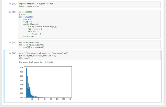 In [55]: import matplotlib.pyplot as plt import numpy as np In [56] nn 1000000 p e.1 def simulate() res e flag e while flag--