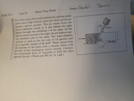 Name:AbalYauni Test 03Show Your Work EGR 212 31 One of the most advanced methods for cutting metal plates uses a high-velocit
