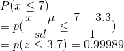 P s 7) X-μ 7-3.3 4 = p(s < 3.7) 0.99989