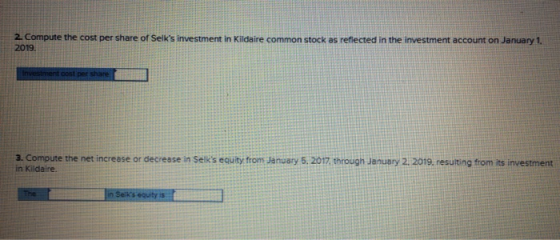 2. Compute the cost per share of Selks investment in Kildaire common stock as reflected in the investment account on January