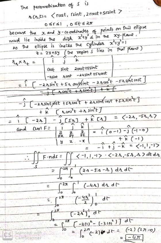 The parametrizatm of Sis r(r,t)<rcast, rsint, 2rcost +Srsint Osrs) elipe Lane ylinder x1 the region lies in thaf plano m thia