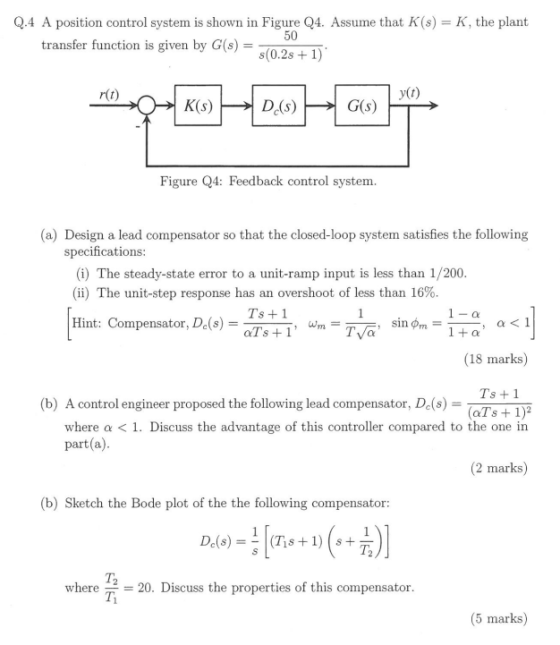 Q.4 A position control system is shown in Figure Q4. Assume that K(s) = K, the plant 50 s(0.2s +1) transfer function is given