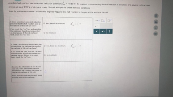 A certa sin haif-reaction has a standard reduction potential Eved 0.80 V. An engineer proposes using this half-reaction at th