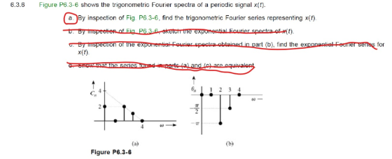 6.3.6 Figure P6.3-6 shows the trigonometric Fourier spectra of a periodic signal x(t) a. By inspection of Fig. P6.3-6, find t