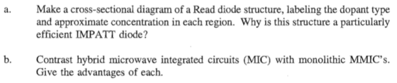 a. Make a cross-sectional diagram of a Read diode structure, labeling the dopant type and approximate concentration in each r