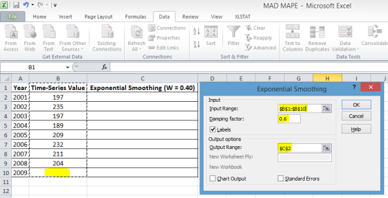 MAD MAPE - Microsoft Excel Home Insert Page Layout Formulas Dta Rview View XLSTAT Connection A AZ Clear Properties Reapply Fr