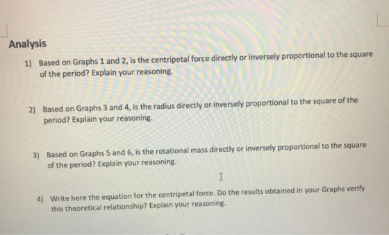 Analysis Based on Graphs 1 and 2, is the centripetal force directly or inversely proportional to the square 1) of the period?