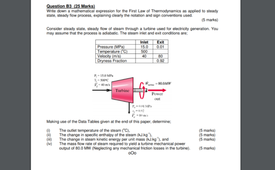 Question B3 (25 Marks Write down a mathematical expression for the First Law of Thermodynamics as applied to steady state, st