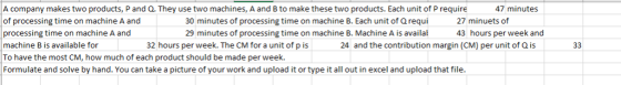 A company makes two products, P and Q. They use two machines, A and B to make these two products. Each unit of P require of p
