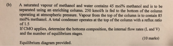 (b) A saturated vapour of methanol and water contains 45 mol% methanol and is to be separated using an enriching column. 250