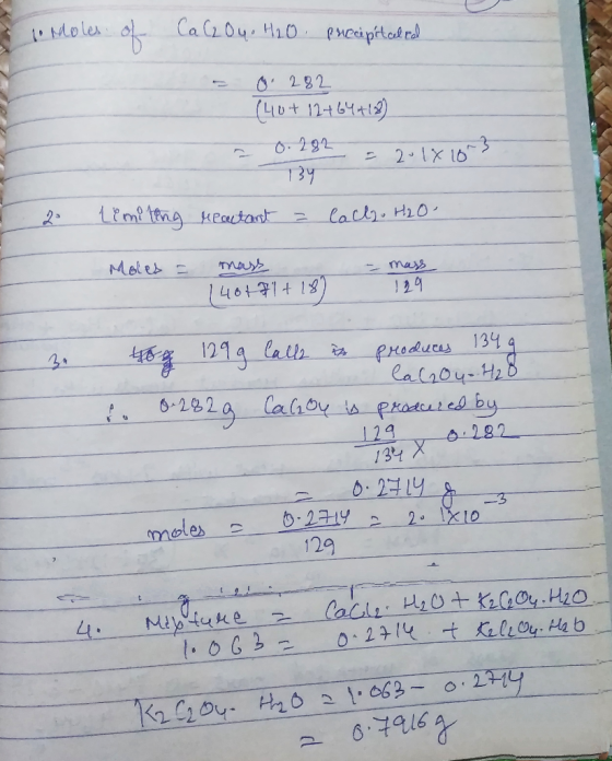Moles o Ca C204. H0 eneiptadrd O292 (LID+ 12t64t1) O292 13y 91 メ1て 2 3 Heautant Cacl Hi0 Meles ニ mass 146171t 18 129 freducs