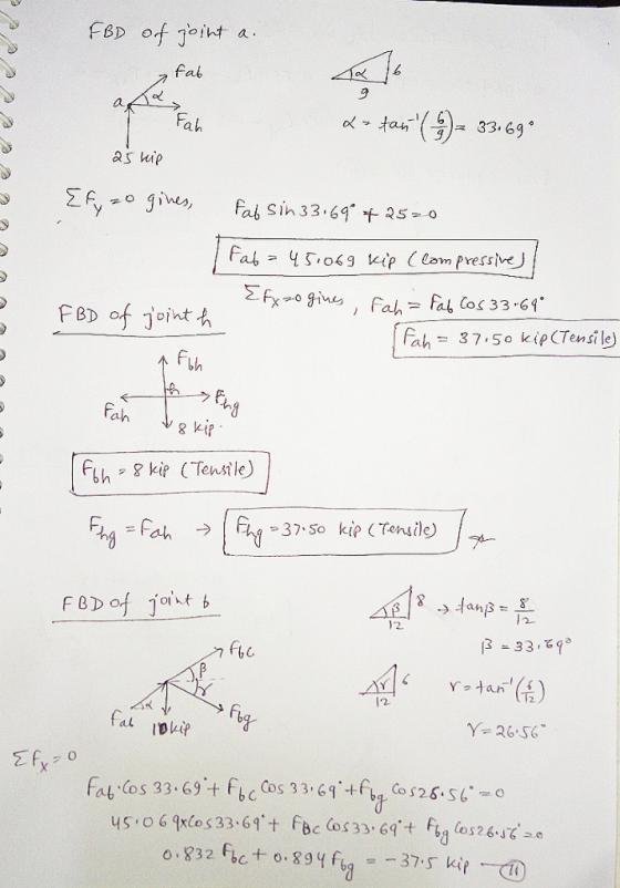 FBD of Joint a . fal 33.69 Fah 1 as hip fai sin 33.69 25-0 Fab 45.06g kip Clampressive Egies Fah Fal Cos 33 69 FBD of joint h