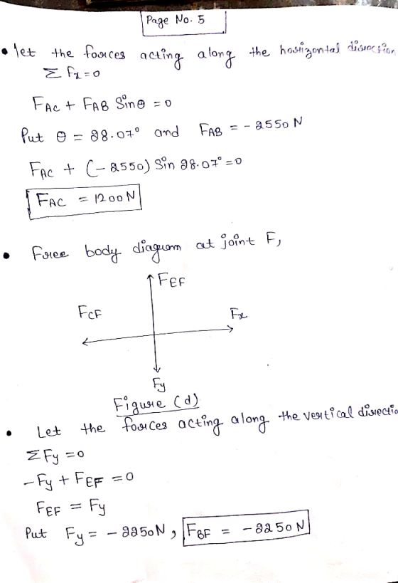 Page No. 5 let the fooces acting along the hasigonta disio ;?on FAc FAB Sine =-a55o N Put 88.070 FAB and FRC C-as50) Sin 88.0