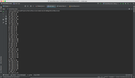 Recursion] - ...main.cpp Project ▼ At ut..dk»奂:S main.cpP Rune /Users/swapnil/CLionProjects/VectorRecursion/cmake-build-debug