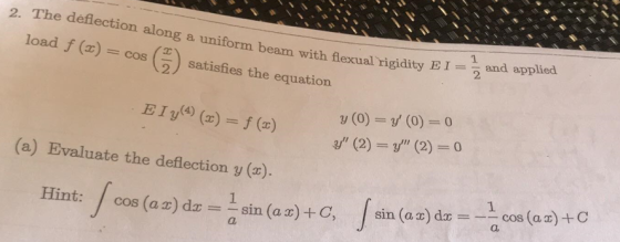 2. The defl ection a uniform beam with flexual rigidity EI and applied. be load f (x) = cos (x) satisfies the equation 2 y(0)