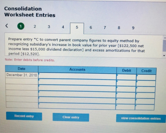 Consolidation Worksheet Entries 2 3 4 7 Prepare entry C to convert parent company figures to equity method by recognizing su