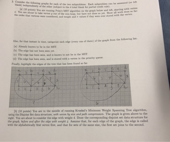 3. Consider the the following graphs for each of the two subproblems. Each subproblem can be answered (or blank) independentl