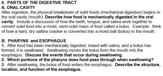 Il. PARTS OF THE DIGESTIVE TRACT A. ORAL CAVITY After ingestion, the physical breakdown of solid foods (mechanical digestion)