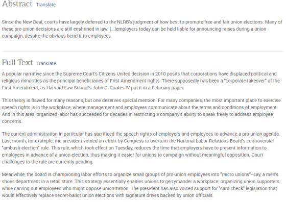 Abstract Translate Since the New Deal, courts have largely deferred to the NLRBs judgment of how best to promote free and fa
