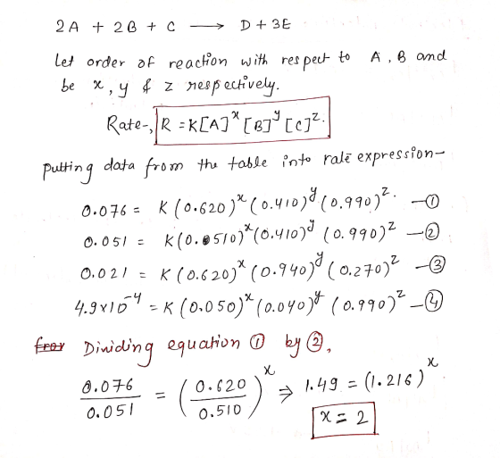 D 3E Let order af achon with res peut to A, 8 ond Putting data from tha toble nt rale expression- 0. 05V 0. 990 0.021 K(0.620