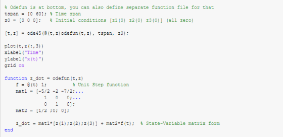 %。defun is at bottom, you can also define separate function file for that tspan = [0 60]; % lime span 20- [O Ο Ο]; % Initial