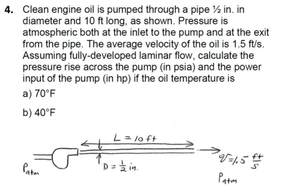 Clean engine oil is pumped through a pipe %)n, in diameter and 10 ft long, as shown. Pressure is atmospheric both at the inle