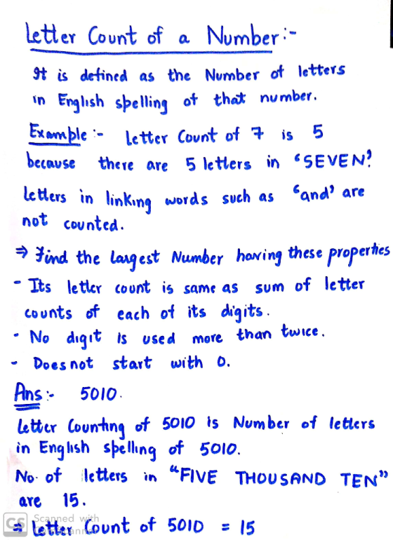 etter Count of a Number is defined as the Number ot letters In English spellin ot that number bumble.. letter Count of is 5 b