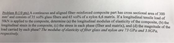 Problem 8 10 pts) A continuous and aligned fiber-reinforced composite part has cross sectional area of 300 mm2 and consists o