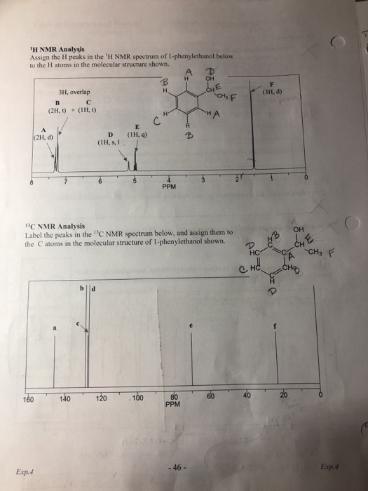 H NMR Analysis Assign the H peaks in the HNMR spectrum of 1-phenylethanol below to the H atoms in the molecular structure s