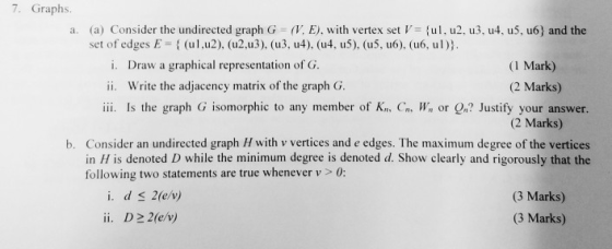 7. Graphs u, u2, u3, u4, u5, u6} and the (a) Consider the undirected graph G (V, E), with vertex set V set of edges E ((ul,u2
