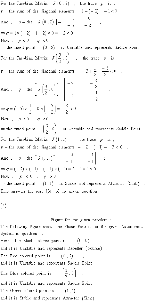 For the Jacobi an Matrix J (0.2) the trace p is p= the sum of the diagonal elements -1+(-2)=-1 < 0 And , q=det[J(0,2)] ow. p