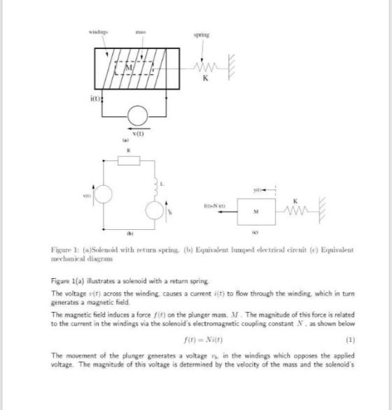 winkngs spring i(t) v(t) st VEE Figure 1: (a)Solenoid with retu spring. (b) Equivalent lumped electrical cireuit (e) Equivale