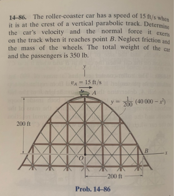 14-86. The roller-coaster car has a speed of 15 ft/s whe it is at the crest of a vertical parabolic track. Determi the cars