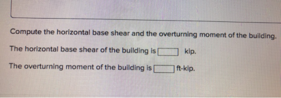 Compute the horizontal base shear and the overturning moment of the building. kip. The horizontal base shear of the building