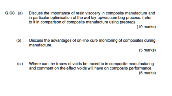 Q.C8 (a) Discuss the importance of resin viscosity in composite manufacture and in particular optimisation of the wet lay-up/