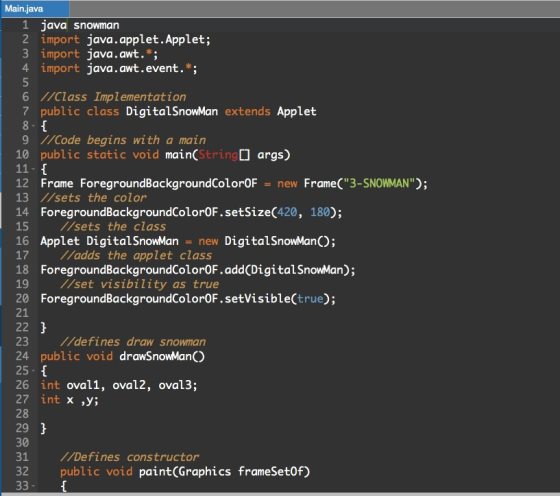 Main.java 1 java snowman 2 import java.applet.Applet; 3 import java.awt.*; 4 import java.awt.event.*; 6 //Class Implementatio