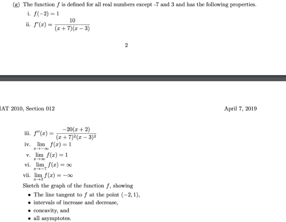 (g) The function f is defined for all real numbers except -7 and 3 and has the following properties. i·f(-2)=1 10 AT 2010, Se