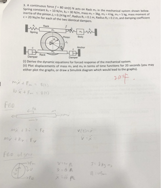 3. A continuous force f 80 sin(t) N acts on Rack mi in the mechanical system shown below. Spring constant k 10 N/m, k- 30 N/m