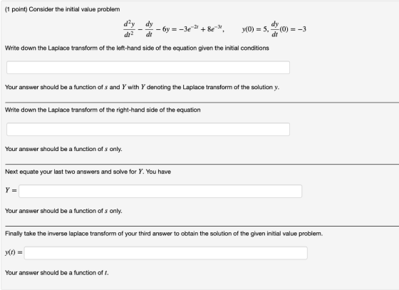 (1 point) Consider the initial value problem dy dy dt2 dt dt Write down the Laplace transform of the left-hand side of the e