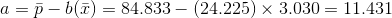 a = p-b(F) = 84.833-(24.225) × 3.030= 11.431