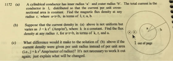 A cylindrical conductor has inner radius a and outer radius b. conductor is I, distributed so that the current per unit cr