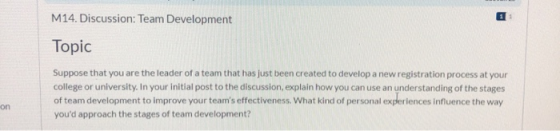 M14. Discussion: Team Development 1 Topic Suppose that you are the leader of a team that has just been created to develop a n