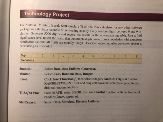Technology Project Use Statdisk, Minitab, Excel, StatCrunch, a TI-83/84 Plus calculator, or any other software package or cal